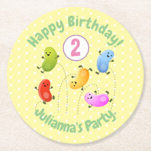 Niedliche glückliche Jellybohnen springende Cartoo Runder Pappuntersetzer