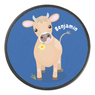 Niedliche glückliche Jersey-Kuh und Blume Cartoon Eishockey Puck