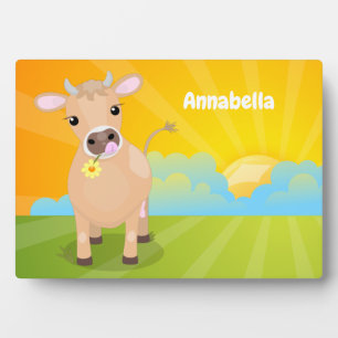 Niedliche glückliche Jersey-Kuh und Blume Cartoon Fotoplatte