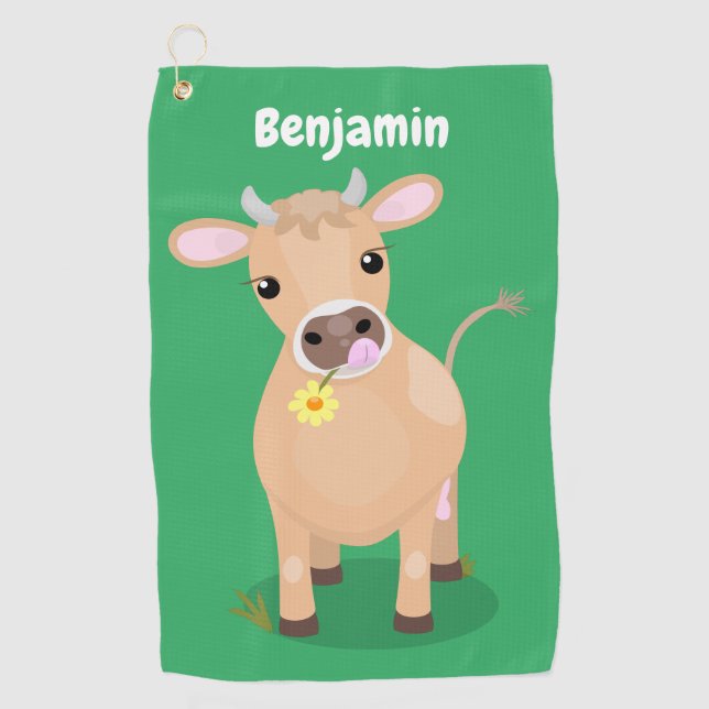 Niedliche glückliche Jersey-Kuh und Blume Cartoon Golfhandtuch (Vorderseite)