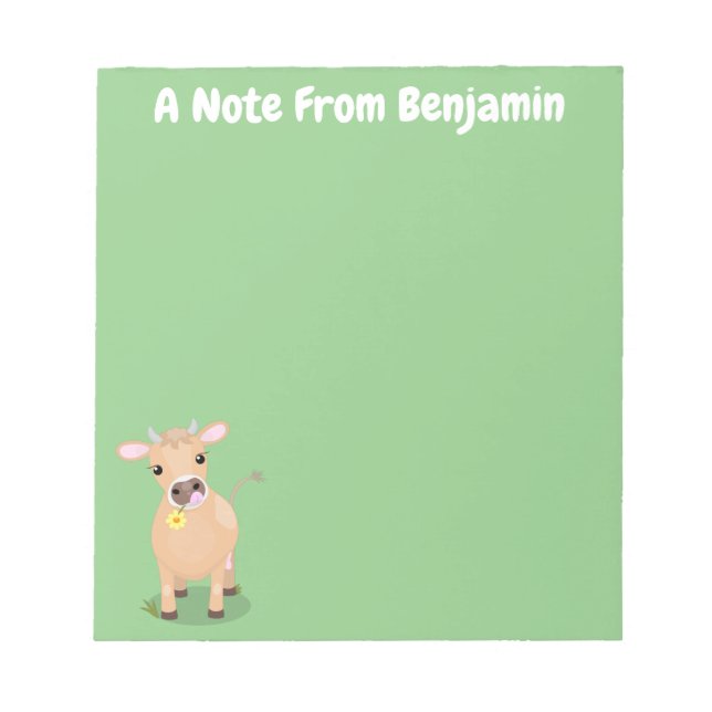 Niedliche glückliche Jersey-Kuh und Blume Cartoon Notizblock (Vorderseite)