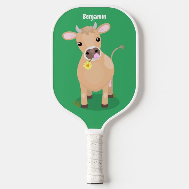 Niedliche glückliche Jersey-Kuh und Blume Cartoon Pickleball Schläger (Vorderseite)