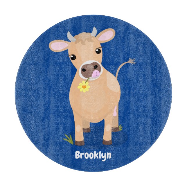 Niedliche glückliche Jersey-Kuh und Blume Cartoon Schneidebrett (Vorderseite)