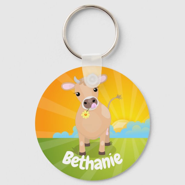 Niedliche glückliche Jersey Kuh und Blume Sonnenau Schlüsselanhänger (Vorderseite)