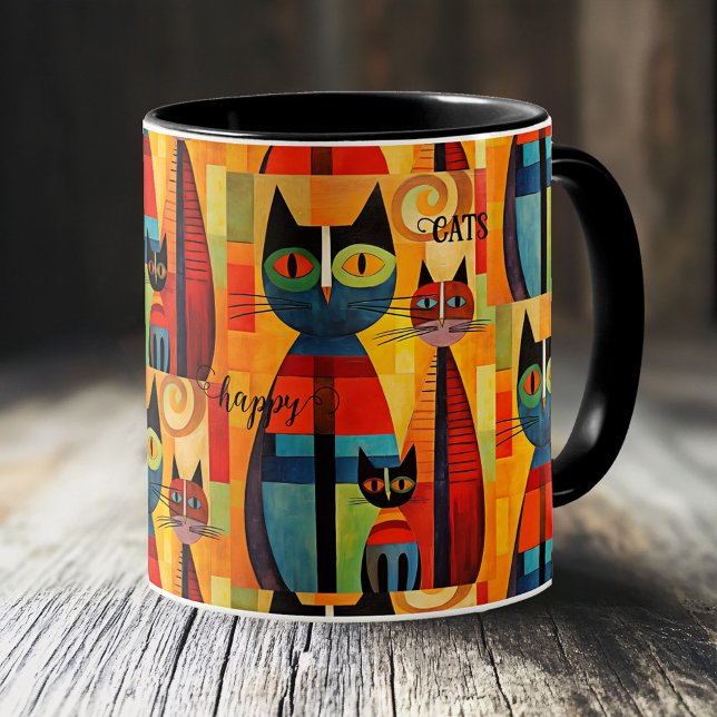 Niedliche glückliche Katzen Kaffeetasse (Whimsical and artistic mug featuring an illustration of cute colorful cats, simply being happy)