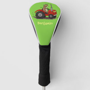 Niedliche glückliche Kuh, die einen roten Traktor- Golf Headcover