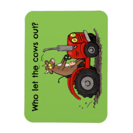 Niedliche glückliche Kuh, die einen roten Traktor- Magnet