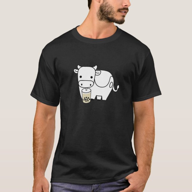 Niedliche glückliche Kuh trinkt Boba Blase Milk Te T-Shirt (Vorderseite)