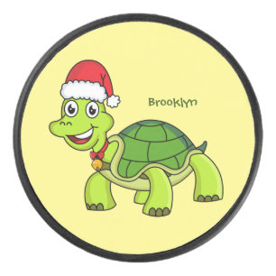 Niedliche glückliche Schildkröte mit Weihnachtsman Eishockey Puck