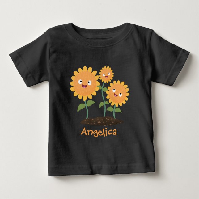 Niedliche glückliche Sonnenblumen lächelnd Cartoon Baby T-shirt (Vorderseite)