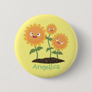 Niedliche glückliche Sonnenblumen lächelnd Cartoon Button