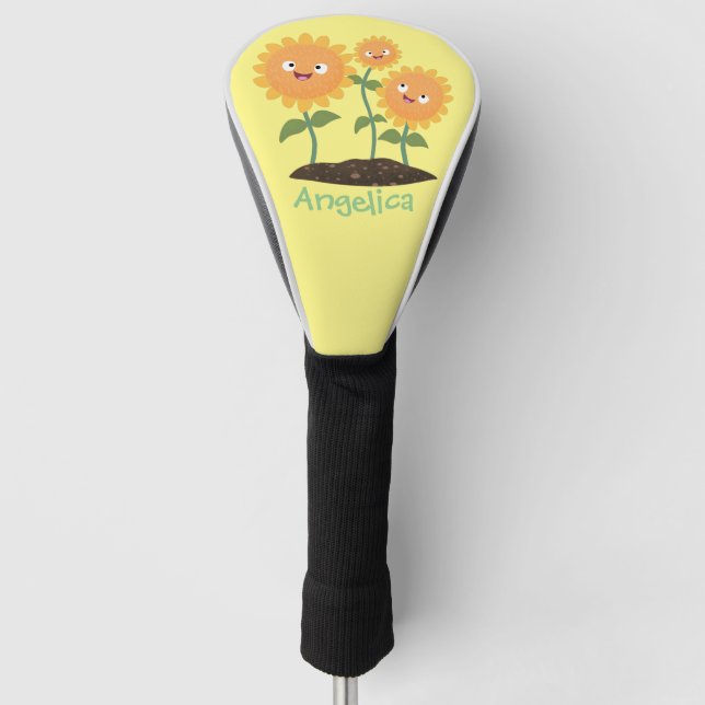 Niedliche glückliche Sonnenblumen lächelnd Cartoon Golf Headcover (Vorderseite)