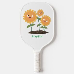 Niedliche glückliche Sonnenblumen lächelnd Cartoon Pickleball Schläger