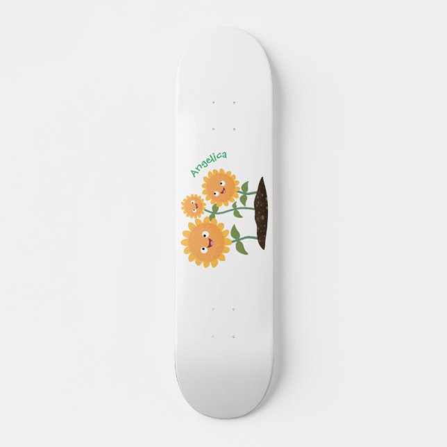Niedliche glückliche Sonnenblumen lächelnd Cartoon Skateboard (Vorne)