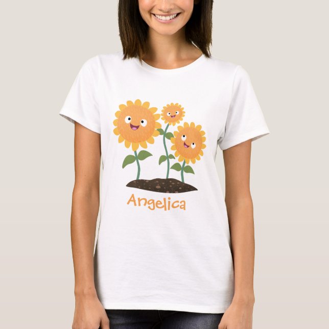 Niedliche glückliche Sonnenblumen lächelnd Cartoon T-Shirt (Vorderseite)