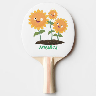 Niedliche glückliche Sonnenblumen lächelnd Cartoon Tischtennis Schläger