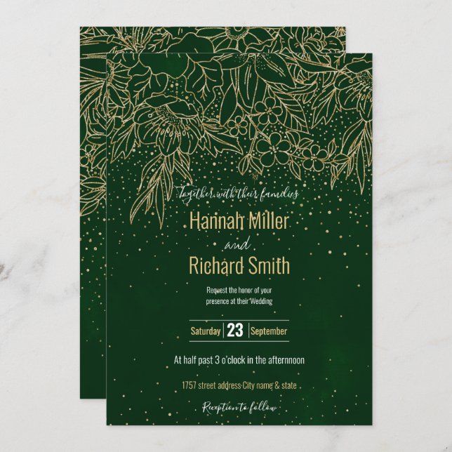 Niedliche Gold Floral Doodles & Confetti Green Des Einladung (Vorne/Hinten)