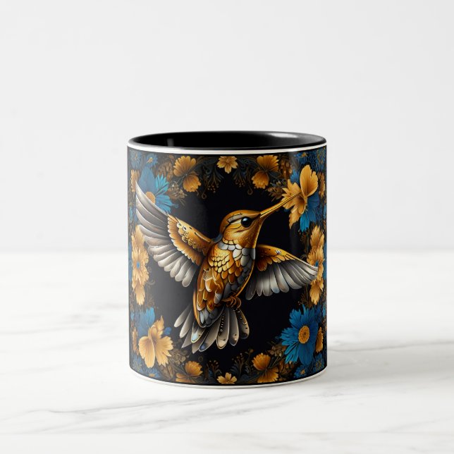 Niedliche Golden Hummingbirds auf Black & Blue Blu Zweifarbige Tasse (Mittel)