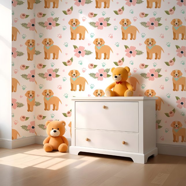 Niedliche Golden Retriever Welpen & Blumenmuster Tapete (Cute Golden Retriever Puppies & Floral Pattern Wallpaper)