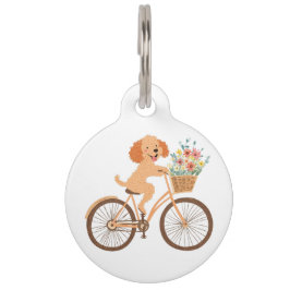 Niedliche Goldendoodle Dog Biking Spring Blumen Haustiermarke