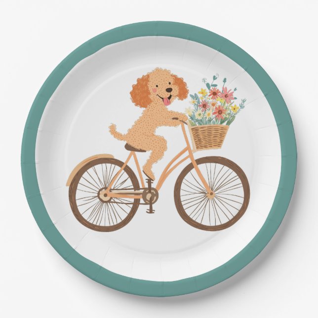 Niedliche Goldendoodle Dog Biking Spring Blumen Pappteller (Vorderseite)