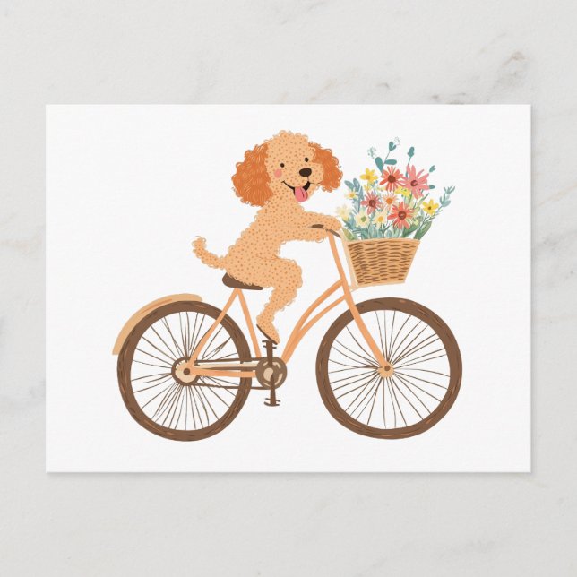 Niedliche Goldendoodle Dog Biking Spring Blumen Postkarte (Vorderseite)