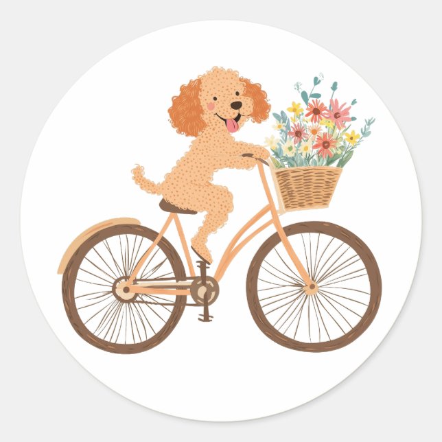 Niedliche Goldendoodle Dog Biking Spring Blumen Runder Aufkleber (Vorderseite)