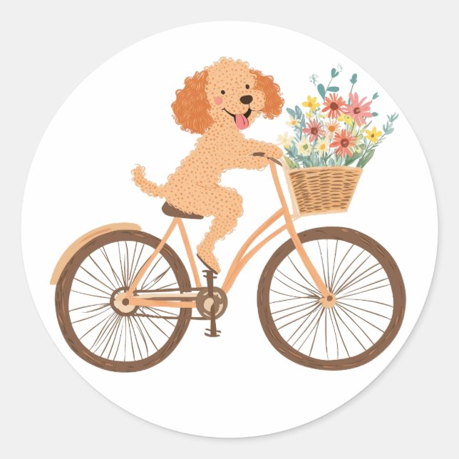 Niedliche Goldendoodle Dog Biking Spring Blumen Runder Aufkleber (Vorderseite)