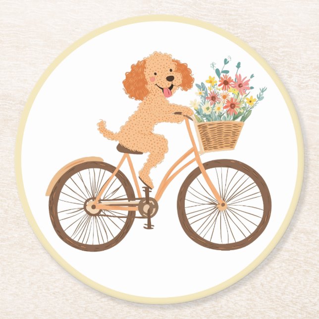 Niedliche Goldendoodle Dog Biking Spring Blumen Runder Pappuntersetzer (Vorderseite)