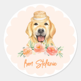 Niedliche Goldene Retriever und Peach-Blume Geburt Runder Aufkleber