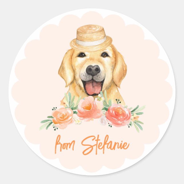 Niedliche Goldene Retriever und Peach-Blume Geburt Runder Aufkleber (Vorderseite)