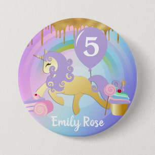 Niedliche goldene und violette Einhorn-Leckereien Button