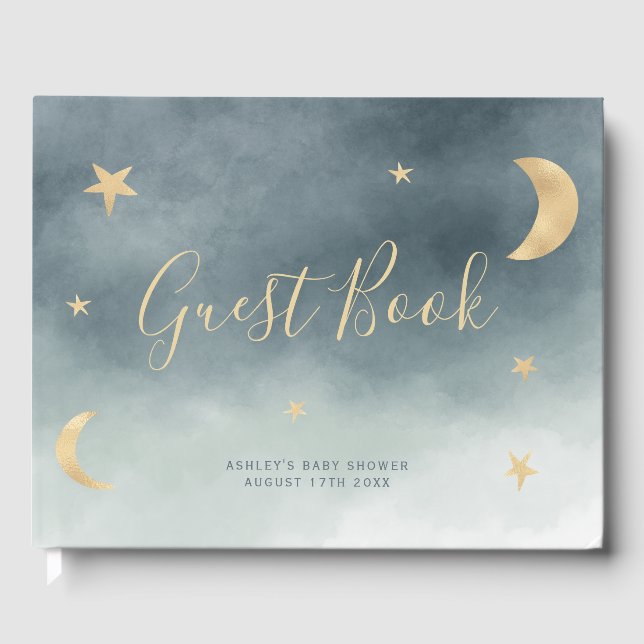 Niedliche Goldmedaille Sterne Blaue Aquarelltuchdu Gästebuch (Vorderseite)