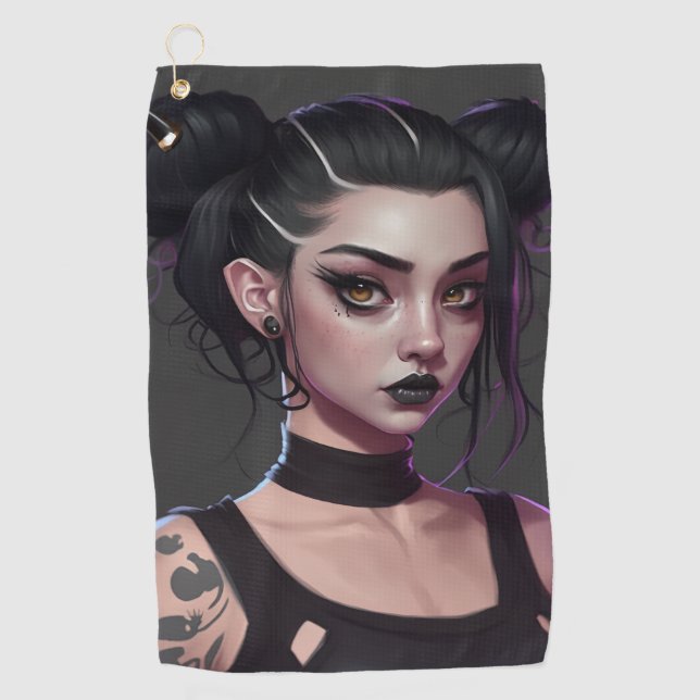 Niedliche Goth Girl mit Buns und Tattoos Golfhandtuch (Vorderseite)