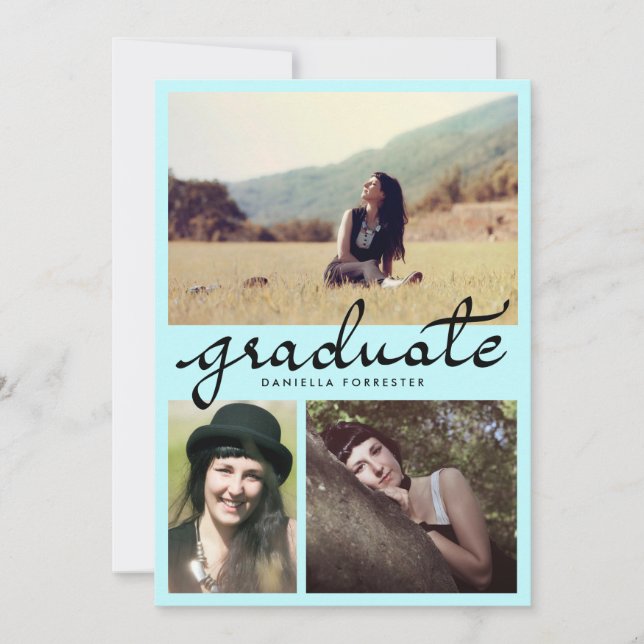 Niedliche Graduiertenkalligrafie Drei Foto Blau Einladung (Vorderseite)