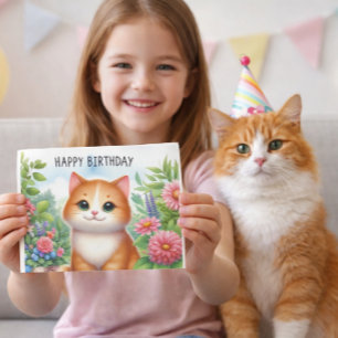 Niedliche Grandtochter-Katze und Blume Grußkarte Karte