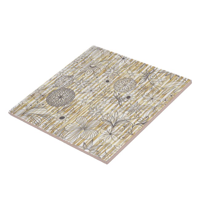 Niedliche Graue Blütendoodles Gold Streifen Design Fliese (Seite)