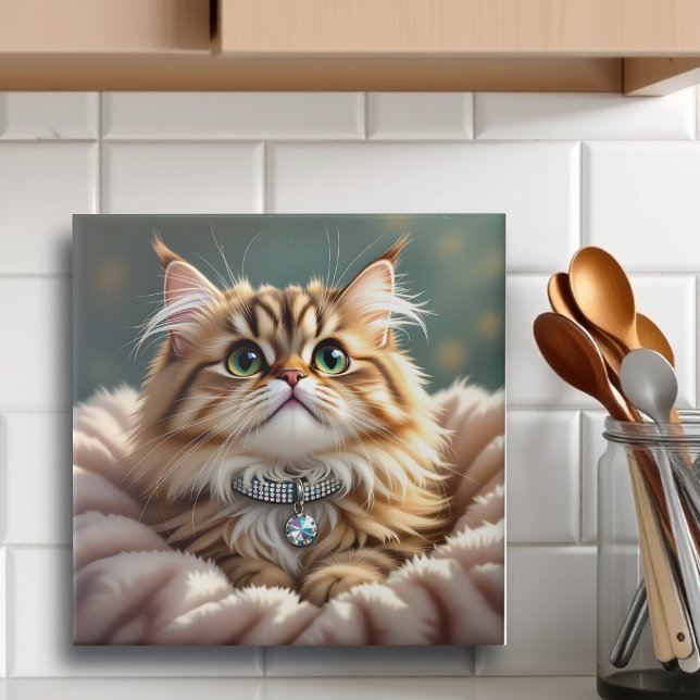 Niedliche graue Fluffy Tabby Katze mit Diamond Col Fliese (Von Creator hochgeladen)