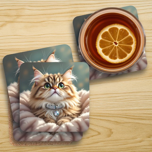 Niedliche graue Fluffy Tabby Katze mit Diamond Col Getränkeuntersetzer (Von Creator hochgeladen)
