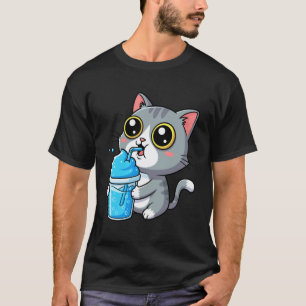 Niedliche Graue Getigerte Katze Trinkt Blauen Slus T-Shirt
