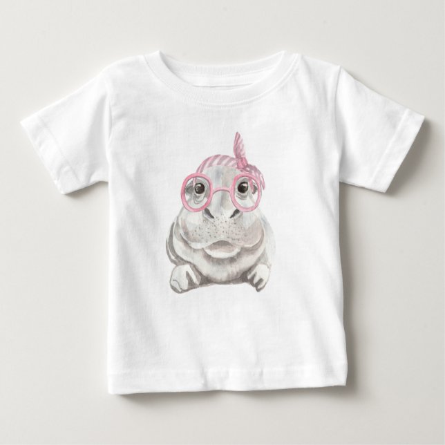 NIEDLICHE Graue HIPPO MIT PINKHAT UND CUP Baby T-shirt (Vorderseite)