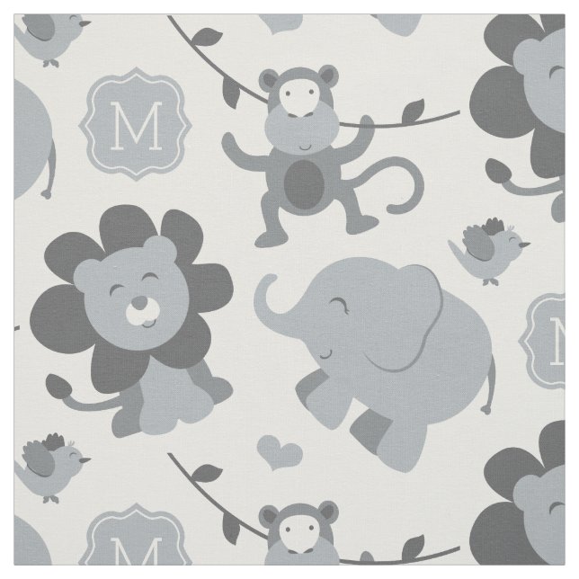 Niedliche Graue Jungle Tiere Custom Monogram Stoff (Muster)
