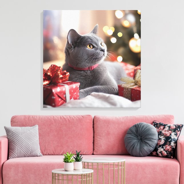 Niedliche graue Katze feiert Weihnachten Leinwanddruck (Insitu (Wohnzimmer))