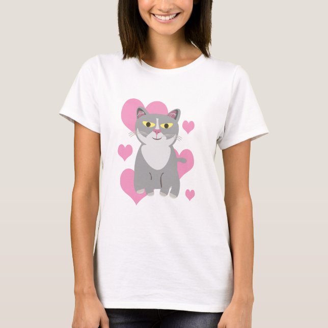 Niedliche graue Katze Liebe Cartoon Pet Art Design T-Shirt (Vorderseite)