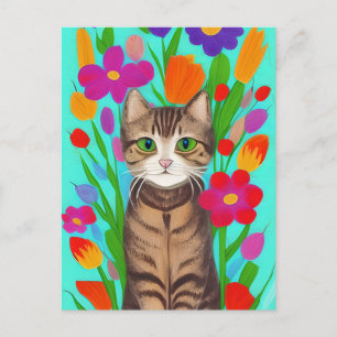 Niedliche graue Katze mit bunten Blumen Postkarte