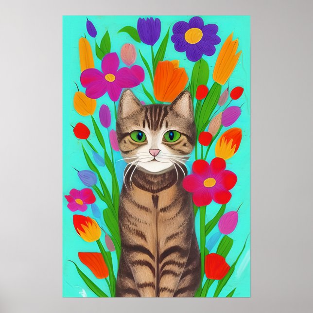Niedliche graue Katze mit farbigen Blume Poster (Vorne)