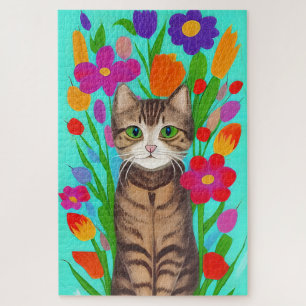 Niedliche graue Katze mit farbigen Blume Puzzle