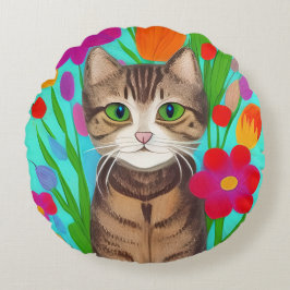 Niedliche graue Katze mit farbigen Blume Rundes Kissen