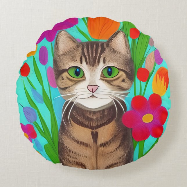 Niedliche graue Katze mit farbigen Blume Rundes Kissen (Vorderseite)