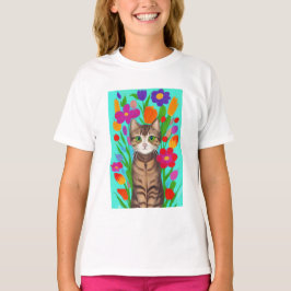 Niedliche graue Katze mit farbigen Blume T-Shirt